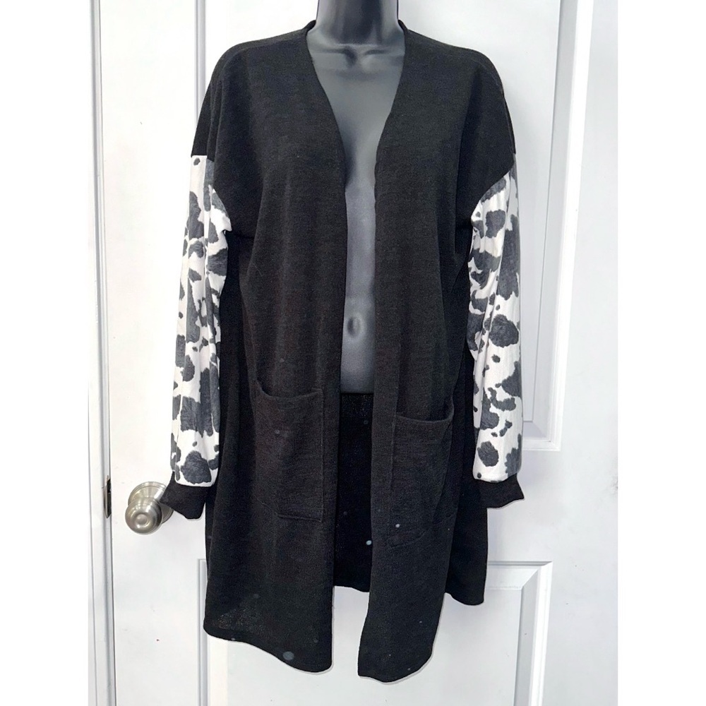 Heimish black cardigan with cow print sleeves